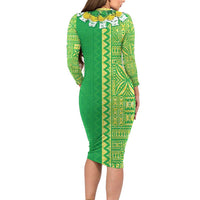 Fiji Lovoni Family Matching Long Sleeve Bodycon Dress and Hawaiian Shirt Fijian Tapa Salusalu Green Glitter
