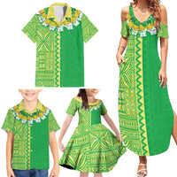 Fiji Lovoni Family Matching Summer Maxi Dress and Hawaiian Shirt Fijian Tapa Salusalu Green Glitter