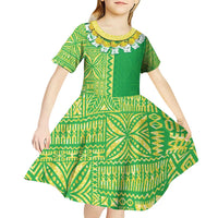 Fiji Lovoni Kid Short Sleeve Dress Fijian Tapa Salusalu Green Glitter