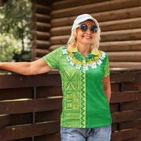 Fiji Lovoni Women Polo Shirt Fijian Tapa Salusalu Green Glitter