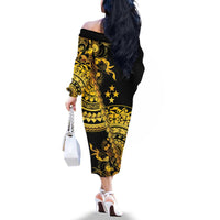 Kosrae Liberation Day Family Matching Off The Shoulder Long Sleeve Dress and Hawaiian Shirt Polynesian Floral Tattoo - Polynesian Pride