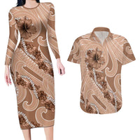 Hawaii Brown Hibiscus Pikake Lei Couples Matching Long Sleeve Bodycon Dress and Hawaiian Shirt - Polynesian Pride