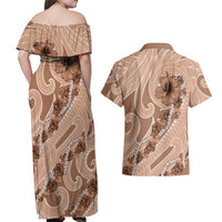 Hawaii Brown Hibiscus Pikake Lei Couples Matching Off Shoulder Maxi Dress and Hawaiian Shirt - Polynesian Pride
