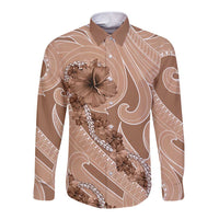 Hawaii Brown Hibiscus Pikake Lei Long Sleeve Button Shirt - Polynesian Pride