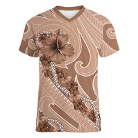 Hawaii Brown Hibiscus Pikake Lei Women V-Neck T-Shirt LT05 Female Brown - Polynesian Pride
