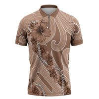 Hawaii Brown Hibiscus Pikake Lei Zipper Polo Shirt - Polynesian Pride