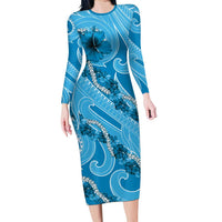 Hawaii Blue Hibiscus Pikake Lei Family Matching Long Sleeve Bodycon Dress and Hawaiian Shirt - Polynesian Pride