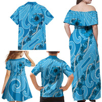 Hawaii Blue Hibiscus Pikake Lei Family Matching Off Shoulder Maxi Dress and Hawaiian Shirt - Polynesian Pride