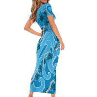 Hawaii Blue Hibiscus Pikake Lei Family Matching Short Sleeve Bodycon Dress and Hawaiian Shirt - Polynesian Pride