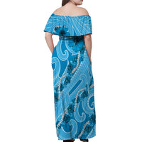 Hawaii Blue Hibiscus Pikake Lei Off Shoulder Maxi Dress - Polynesian Pride