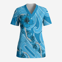 Hawaii Blue Hibiscus Pikake Lei Scrub Top - Polynesian Pride