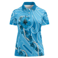 Hawaii Blue Hibiscus Pikake Lei Women Polo Shirt - Polynesian Pride