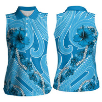 Hawaii Blue Hibiscus Pikake Lei Women Sleeveless Polo Shirt - Polynesian Pride
