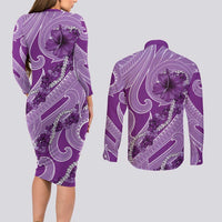 Hawaii Violet Hibiscus Pikake Lei Couples Matching Long Sleeve Bodycon Dress and Long Sleeve Button Shirt - Polynesian Pride