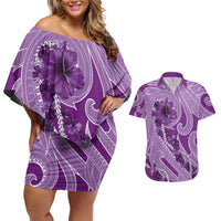 Hawaii Violet Hibiscus Pikake Lei Couples Matching Off Shoulder Short Dress and Hawaiian Shirt - Polynesian Pride