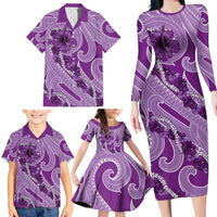 Hawaii Violet Hibiscus Pikake Lei Family Matching Long Sleeve Bodycon Dress and Hawaiian Shirt - Polynesian Pride