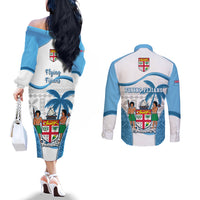Fiji Rugby Couples Matching Off The Shoulder Long Sleeve Dress and Long Sleeve Button Shirts World Cup 2023 Fijian Tapa Pattern Blue Version LT05 - Polynesian Pride