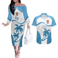 Custom Fiji Rugby Couples Matching Off The Shoulder Long Sleeve Dress and Hawaiian Shirt World Cup 2023 Fijian Tapa Pattern Blue Version LT05 Blue - Polynesian Pride