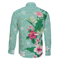 Hawaii Tropical Flowers Family Matching Off The Shoulder Long Sleeve Dress and Hawaiian Shirt Polynesian Tattoo Mint Green