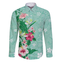 Hawaii Tropical Flowers Family Matching Short Sleeve Bodycon Dress and Hawaiian Shirt Polynesian Tattoo Mint Green