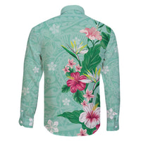 Hawaii Tropical Flowers Family Matching Short Sleeve Bodycon Dress and Hawaiian Shirt Polynesian Tattoo Mint Green