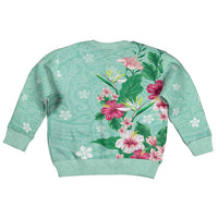 Hawaii Tropical Flowers Kid Ugly Christmas Sweater Polynesian Tattoo Mint Green