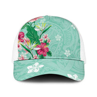 Hawaii Tropical Flowers Mesh Trucker Cap Polynesian Tattoo Mint Green