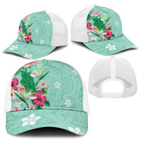 Hawaii Tropical Flowers Mesh Trucker Cap Polynesian Tattoo Mint Green