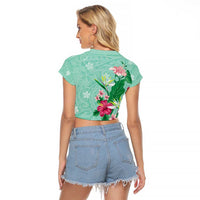 Hawaii Tropical Flowers Raglan Cropped T Shirt Polynesian Tattoo Mint Green