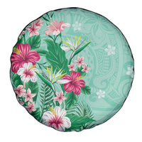 Hawaii Tropical Flowers Spare Tire Cover Polynesian Tattoo Mint Green