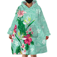 Hawaii Tropical Flowers Wearable Blanket Hoodie Polynesian Tattoo Mint Green