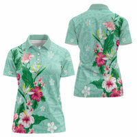 Hawaii Tropical Flowers Women Polo Shirt Polynesian Tattoo Mint Green