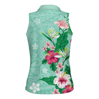 Hawaii Tropical Flowers Women Sleeveless Polo Shirt Polynesian Tattoo Mint Green