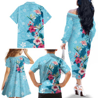 Hawaii Tropical Flowers Family Matching Off The Shoulder Long Sleeve Dress and Hawaiian Shirt Polynesian Tattoo Sky Blue