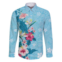 Hawaii Tropical Flowers Family Matching Short Sleeve Bodycon Dress and Hawaiian Shirt Polynesian Tattoo Sky Blue
