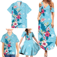 Hawaii Tropical Flowers Family Matching Summer Maxi Dress and Hawaiian Shirt Polynesian Tattoo Sky Blue