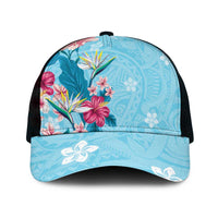 Hawaii Tropical Flowers Mesh Trucker Cap Polynesian Tattoo Sky Blue