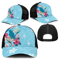 Hawaii Tropical Flowers Mesh Trucker Cap Polynesian Tattoo Sky Blue