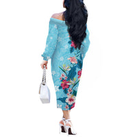 Hawaii Tropical Flowers Off The Shoulder Long Sleeve Dress Polynesian Tattoo Sky Blue LT05 - Polynesian Pride