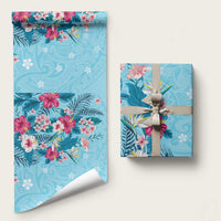 Hawaii Tropical Flowers Wrapping Paper Polynesian Tattoo Sky Blue - Polynesian Pride