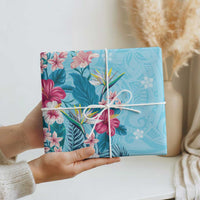 Hawaii Tropical Flowers Wrapping Paper Polynesian Tattoo Sky Blue - Polynesian Pride