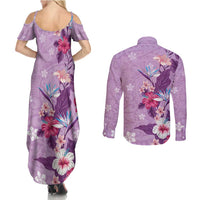 Hawaii Tropical Flowers Couples Matching Summer Maxi Dress and Long Sleeve Button Shirt Polynesian Tattoo Lavender