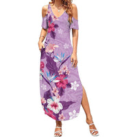 Hawaii Tropical Flowers Family Matching Summer Maxi Dress and Hawaiian Shirt Polynesian Tattoo Lavender