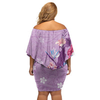 Hawaii Tropical Flowers Off Shoulder Short Dress Polynesian Tattoo Lavender