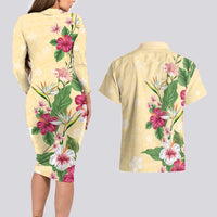 Hawaii Tropical Flowers Couples Matching Long Sleeve Bodycon Dress and Hawaiian Shirt Polynesian Tattoo Buttermilk