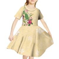Hawaii Tropical Flowers Kid Short Sleeve Dress Polynesian Tattoo Buttermilk