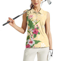 Hawaii Tropical Flowers Women Sleeveless Polo Shirt Polynesian Tattoo Buttermilk