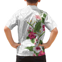 Hawaii Tropical Flowers Family Matching Off Shoulder Short Dress and Hawaiian Shirt Polynesian Tattoo White