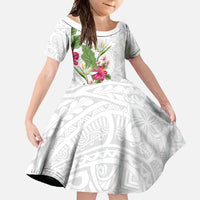 Hawaii Tropical Flowers Family Matching Short Sleeve Bodycon Dress and Hawaiian Shirt Polynesian Tattoo White