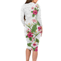 Hawaii Tropical Flowers Long Sleeve Bodycon Dress Polynesian Tattoo White